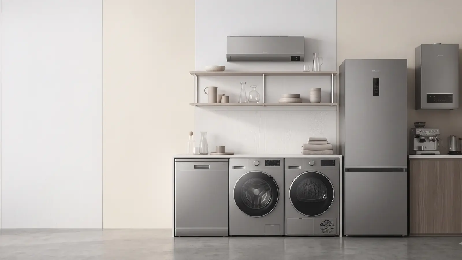 Klima, beyaz eşya ve kombinin birlikte yer aldığı modern iç mekân