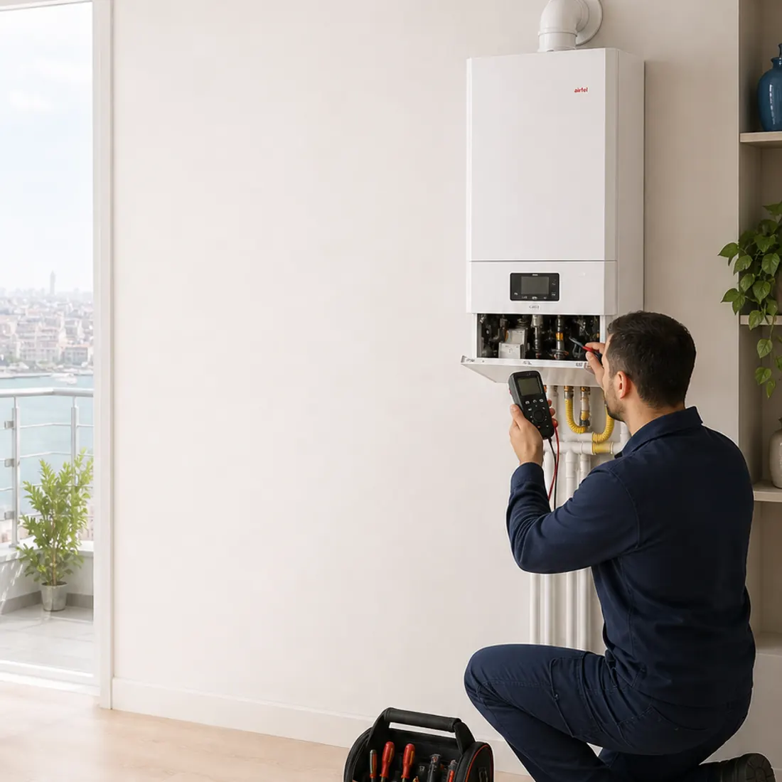 Airfel logolu klima ve kombinin yanında teknik kontrol gerçekleştiren alet çantalı erkek teknisyen