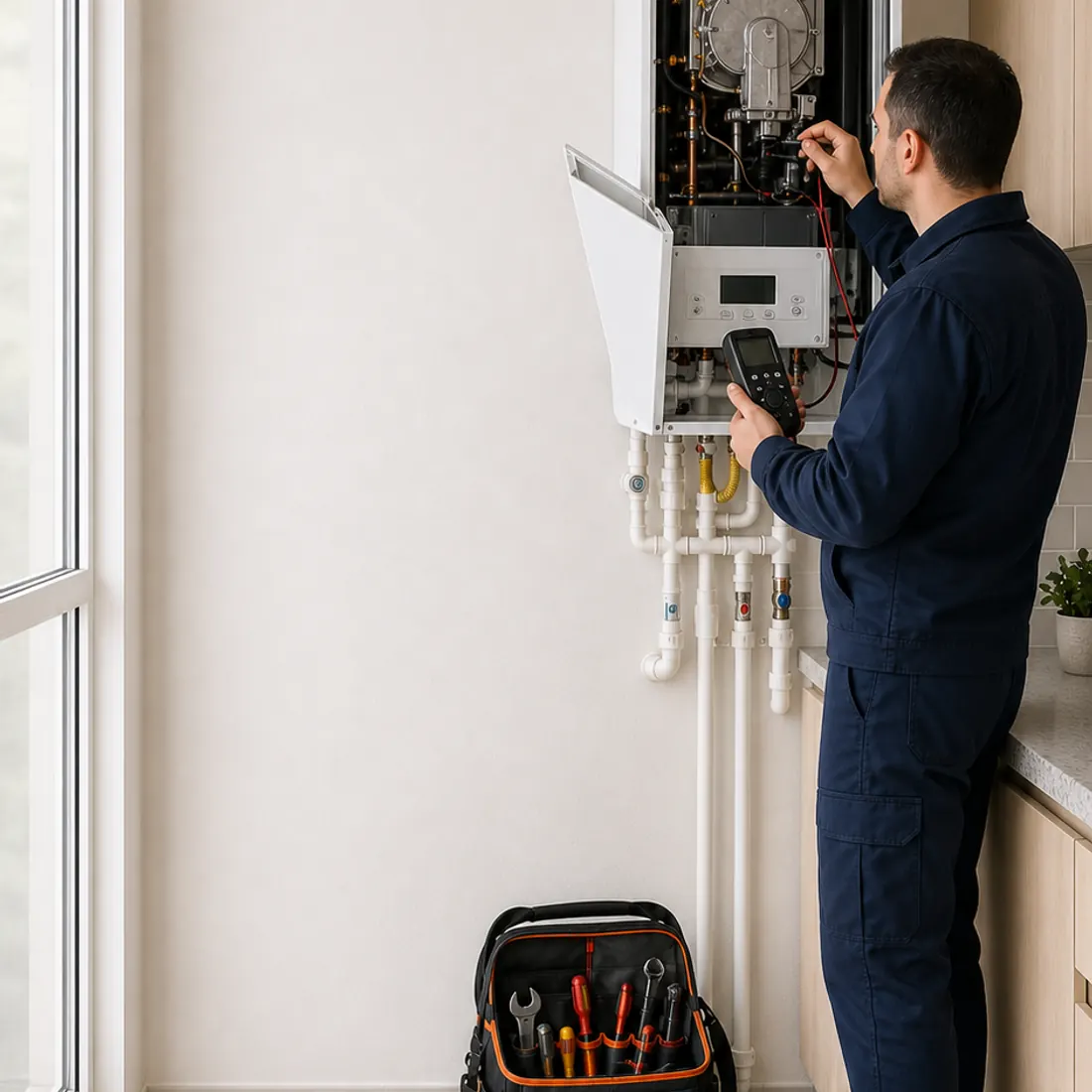 Ariston logolu kombide teknik kontrol gerçekleştiren alet çantalı erkek teknisyen