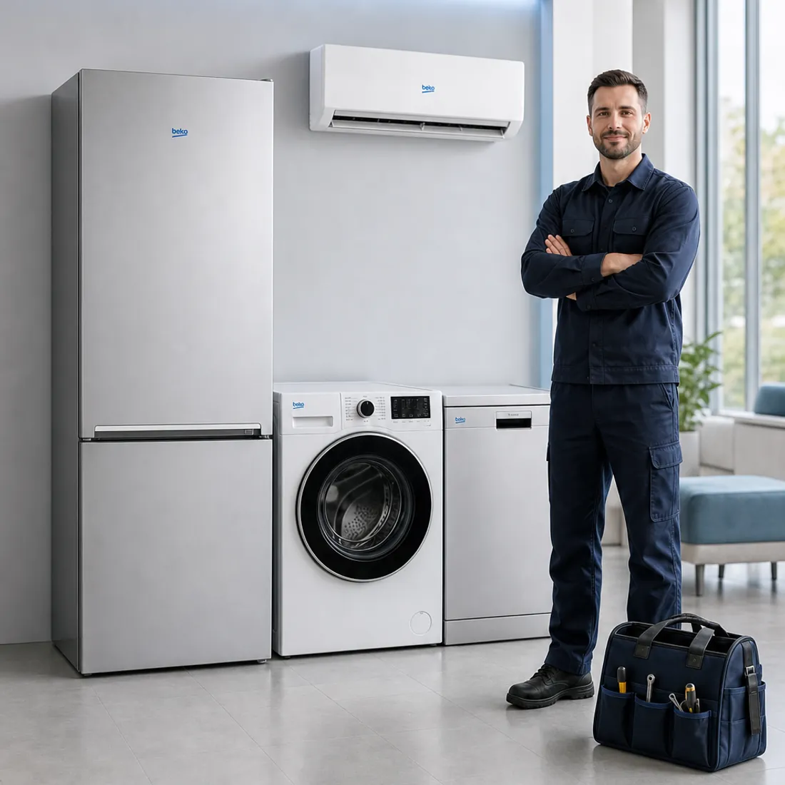 Beko logolu beyaz eşyalar ve klimanın yanında alet çantalı teknik servis çalışanı