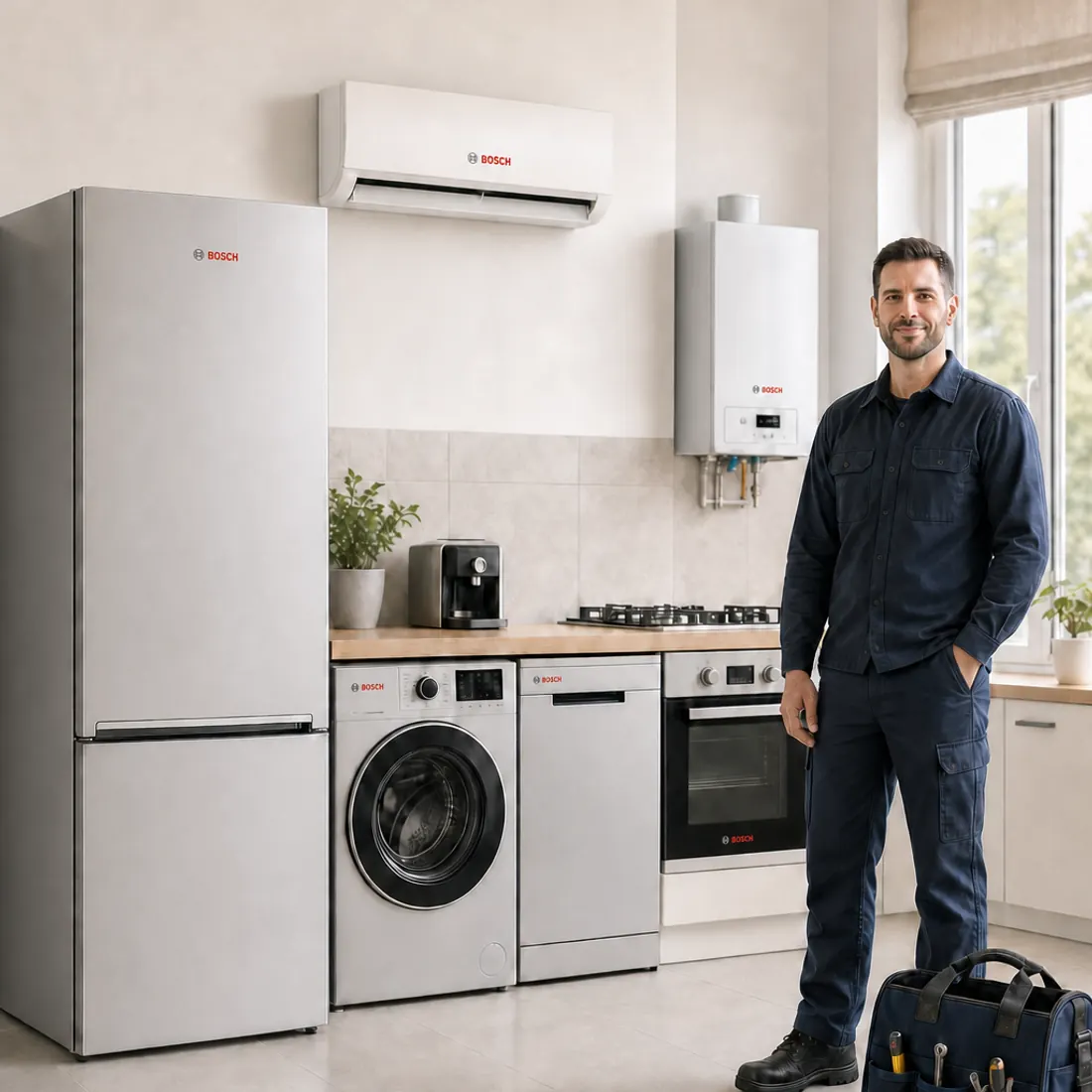 Bosch logolu beyaz eşya, klima ve kombinin yanında alet çantalı teknik servis çalışanı