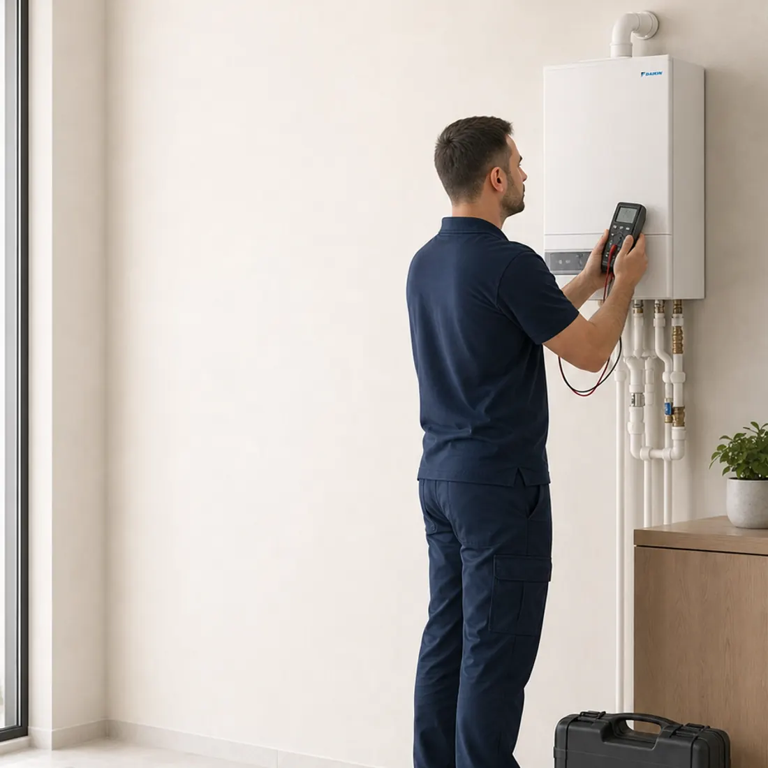 Daikin logolu klima ve kombide ölçüm yapan alet çantalı erkek teknisyen