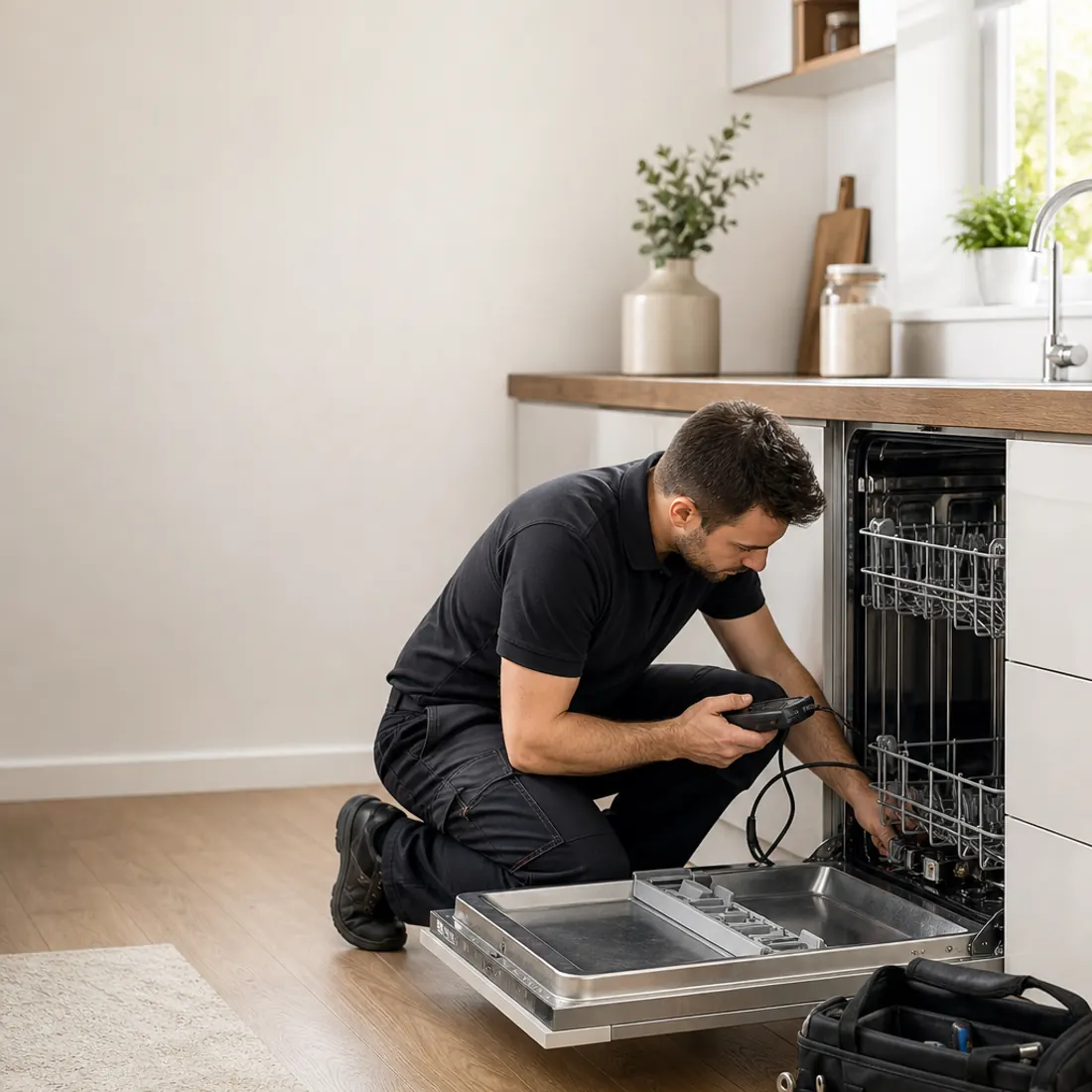 Bulaşık makinesinde teknik kontrol gerçekleştiren teknisyen