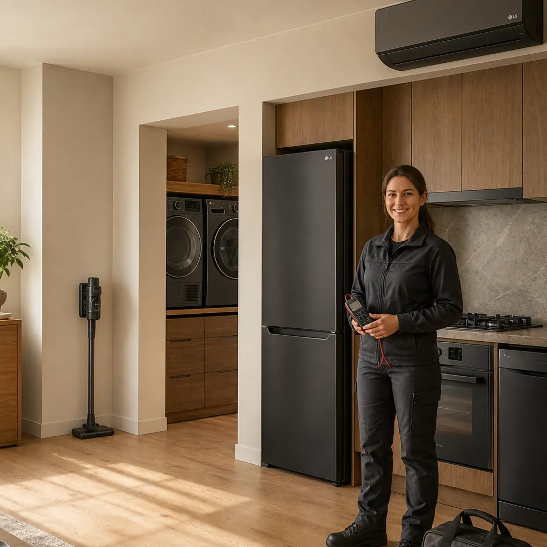 LG logolu beyaz eşya, klima ve elektrikli süpürgenin yanında alet çantalı teknik servis çalışanı