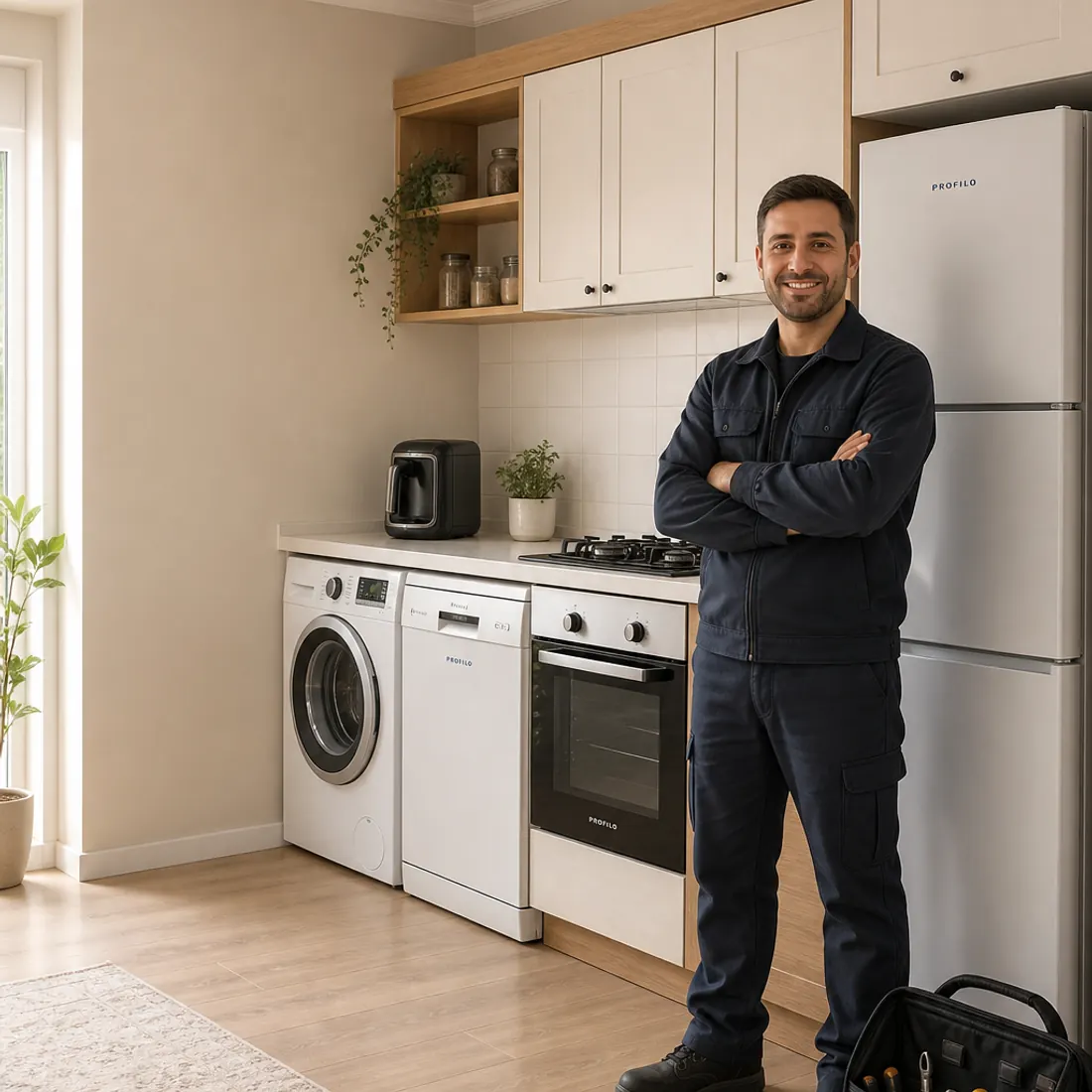 Profilo logolu beyaz eşya ve ev aletlerinin yanında alet çantalı teknik servis çalışanı