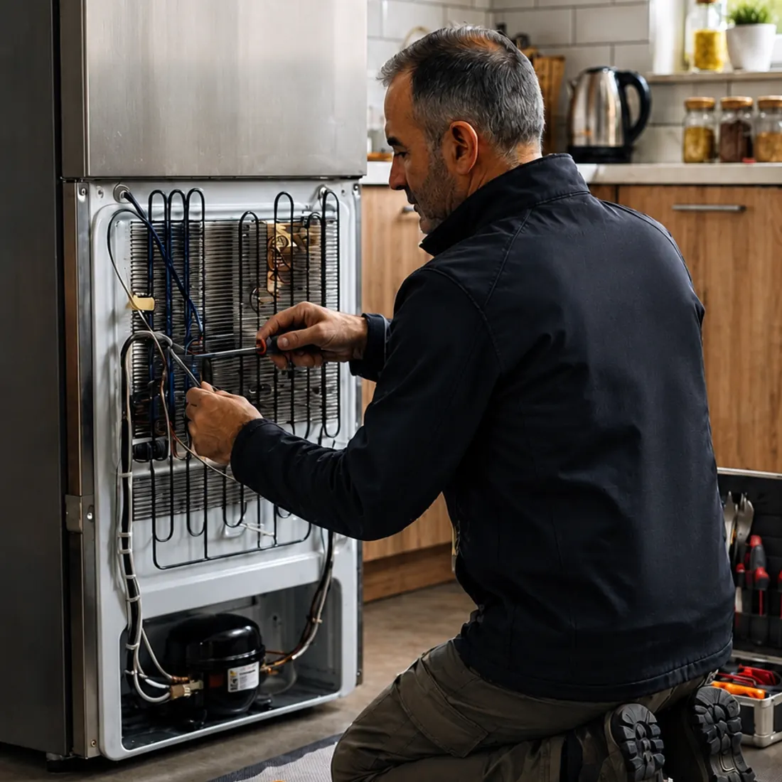Buzdolabı üzerinde teknik kontrol gerçekleştiren teknisyen