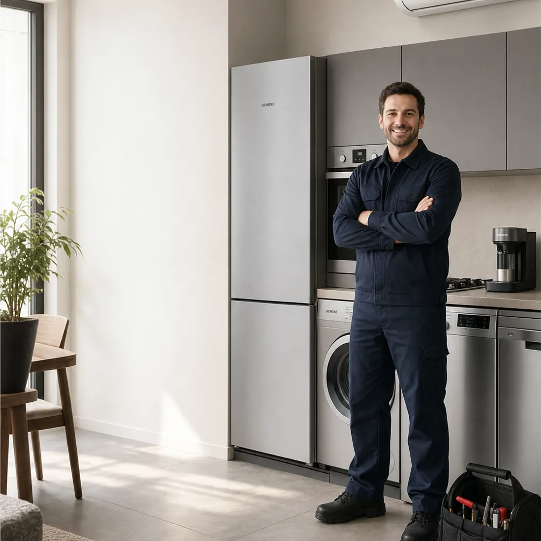 Siemens logolu beyaz eşya ve klimanın yanında alet çantalı teknik servis çalışanı