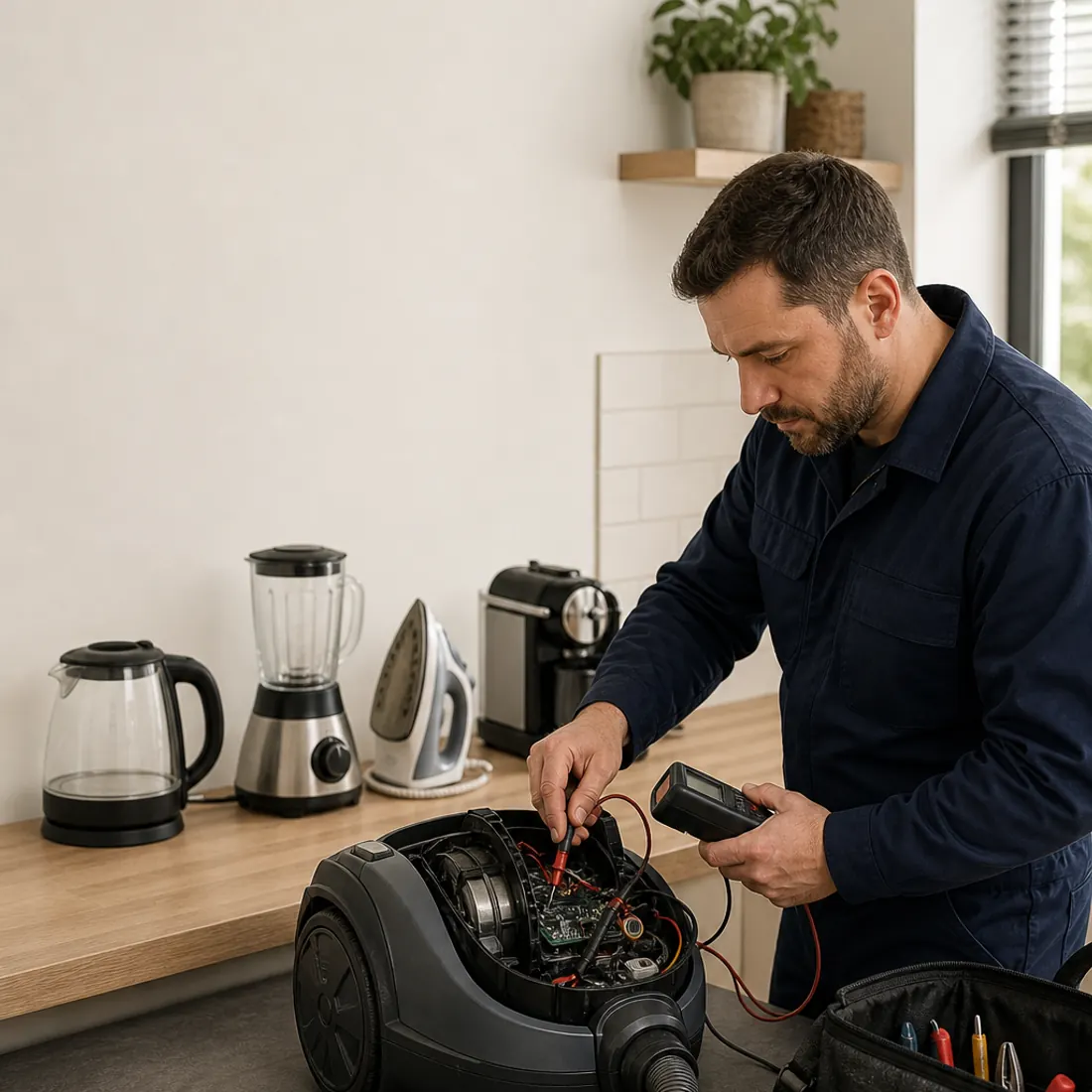 Ev aletlerinde teknik kontrol gerçekleştiren teknisyen