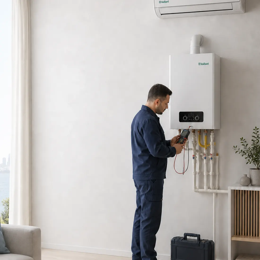 Vaillant logolu klima ve kombide teknik ölçüm gerçekleştiren alet çantalı erkek teknisyen