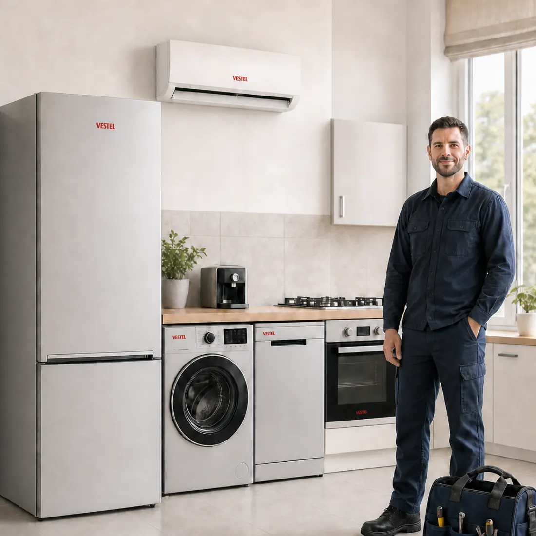 Vestel logolu beyaz eşya ve klimanın yanında alet çantalı teknik servis çalışanı