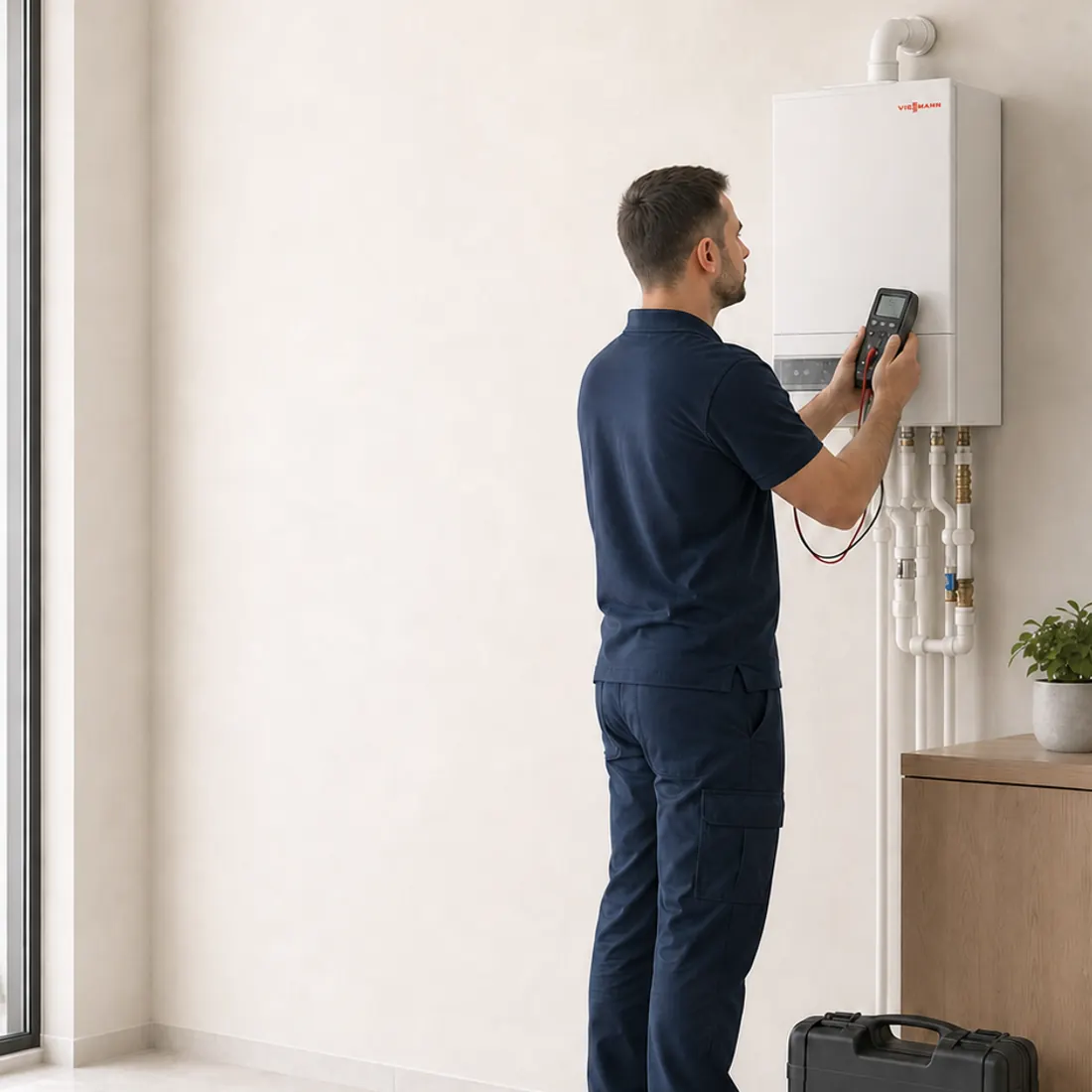 Viessmann logolu klima ve kombide ölçüm yapan alet çantalı erkek teknisyen