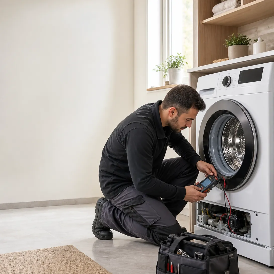 Çamaşır makinesinde teknik kontrol gerçekleştiren teknisyen